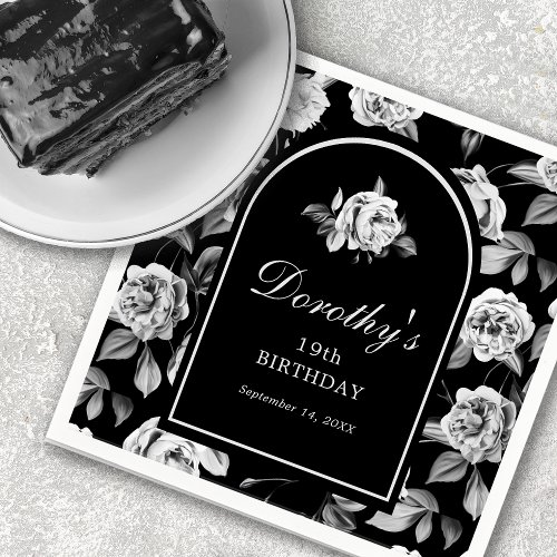 Black White Rose Floral Arch 19th Birthday Party Napkins