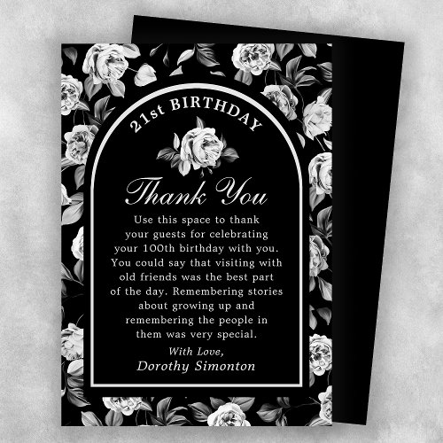 Black White Rose Floral Arch 21st Birthday Thank You Card