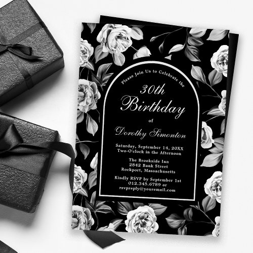 Black White Rose Floral Arch 30th Birthday Invitation