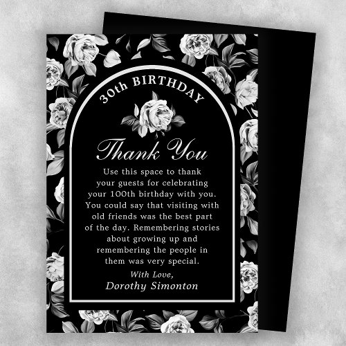 Black White Rose Floral Arch 30th Birthday Thank You Card