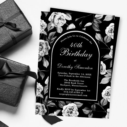 Black White Rose Floral Arch 40th Birthday Invitation