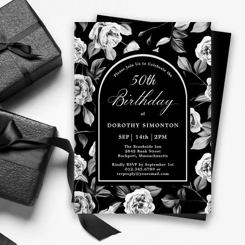 Black White Rose Floral Arch 50th Birthday Invitation