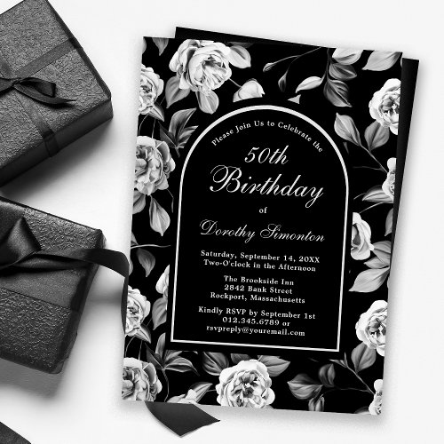Black White Rose Floral Arch 50th Birthday Invitation