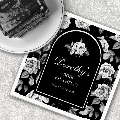 Black White Rose Floral Arch 50th Birthday Party Napkins