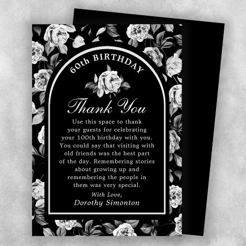 Black White Rose Floral Arch 60th Birthday Thank You Card