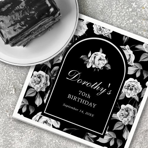 Black White Rose Floral Arch 70th Birthday Party Napkins