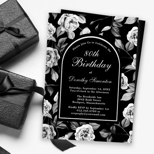 Black White Rose Floral Arch 80th Birthday Invitation