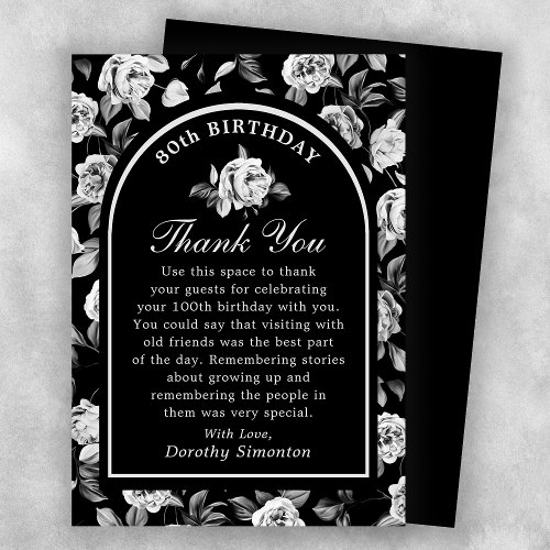 Black White Rose Floral Arch 80th Birthday Thank You Card