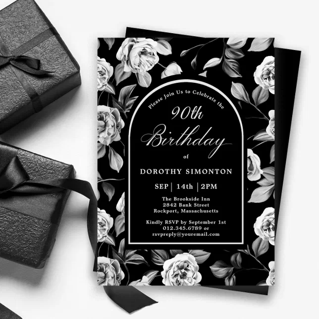 Black White Rose Floral Arch 90th Birthday Invitation | Zazzle