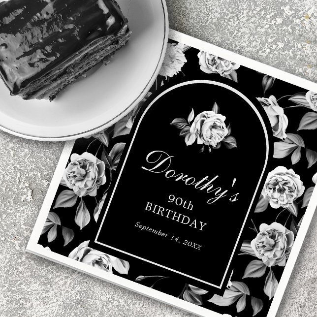Black White Rose Floral Arch 90th Birthday Party Napkins (Creator Uploaded)