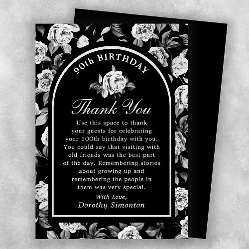 Black White Rose Floral Arch 90th Birthday Thank You Card