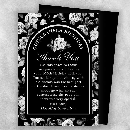Black White Rose Floral Arch Quinceanera Thank You Card
