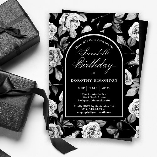 Black White Rose Floral Arch Sweet 16 Birthday Invitation