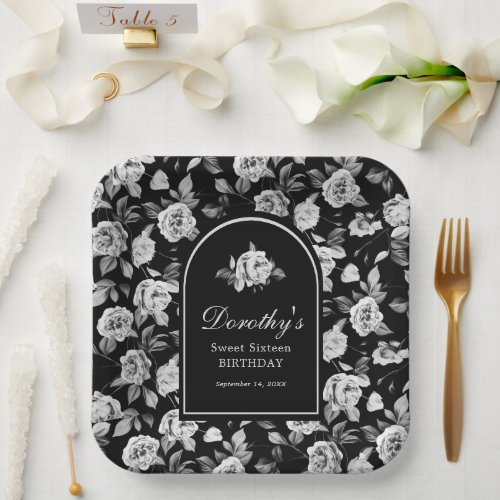 Black White Rose Floral Arch Sweet 16 Party Paper Plates