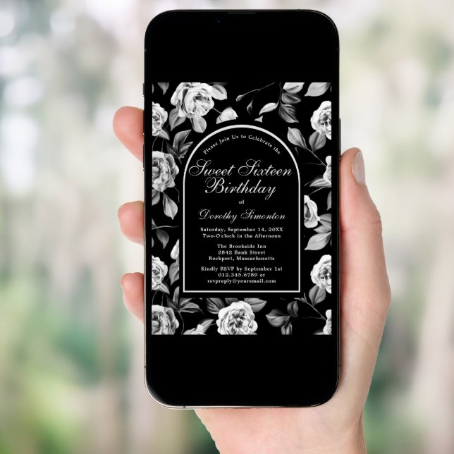 Black White Rose Floral Arch Sweet Sixteen Invitation (Front Digital)