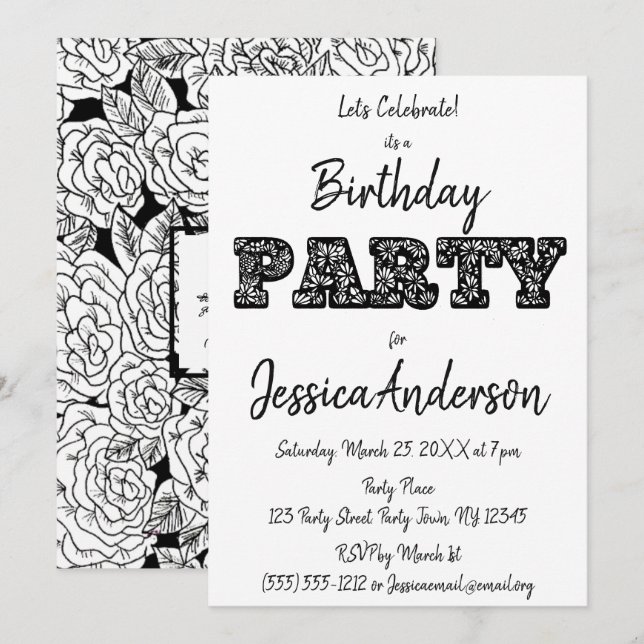 Black White Rose Floral Birthday Invitation (Front/Back)