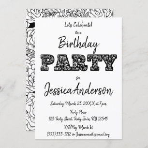 Black White Rose Floral Birthday Invitation