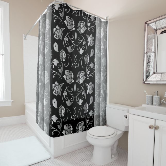 Black & White Rose Floral Panels Shower Curtain (In Situ)