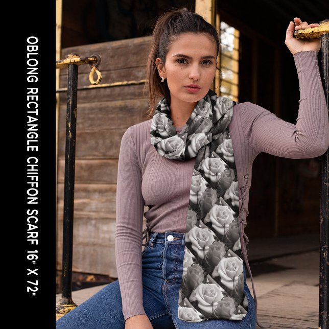 Black & White Rose Floral Pattern Long Rectangle Scarf (Black & White Rose Floral Pattern Long Rectangle Scarf)