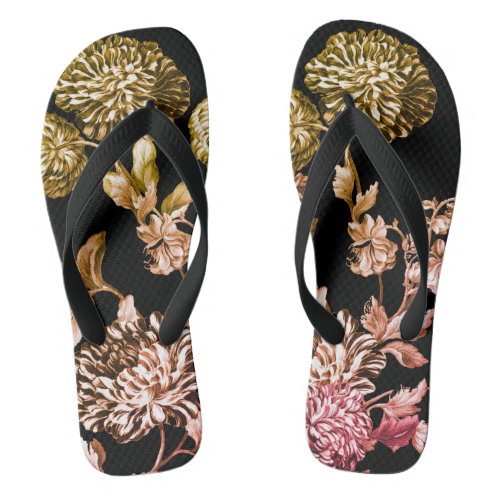 Black  White Rose Gold Botanical Floral Toile Flip Flops