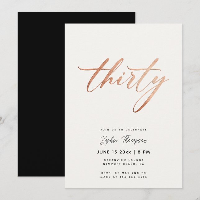 Black White Rose Gold Classy Elegant 30th Birthday Invitation (Front/Back)