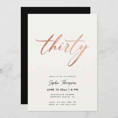 Black White Rose Gold Classy Elegant 30th Birthday Invitation