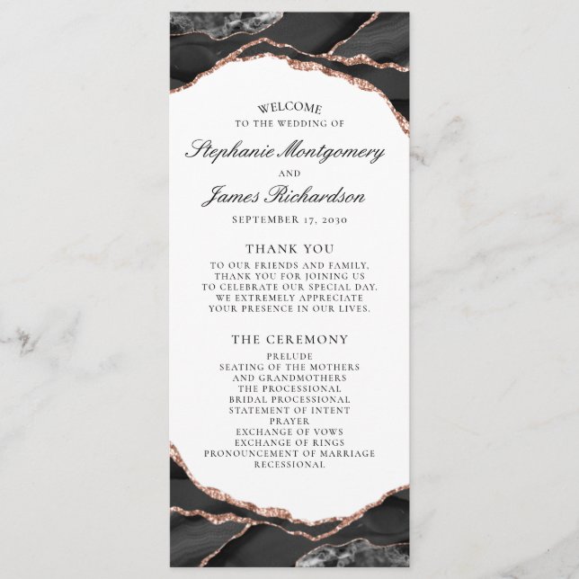 Black White Rose Gold Foil Agate Wedding Program (Front)