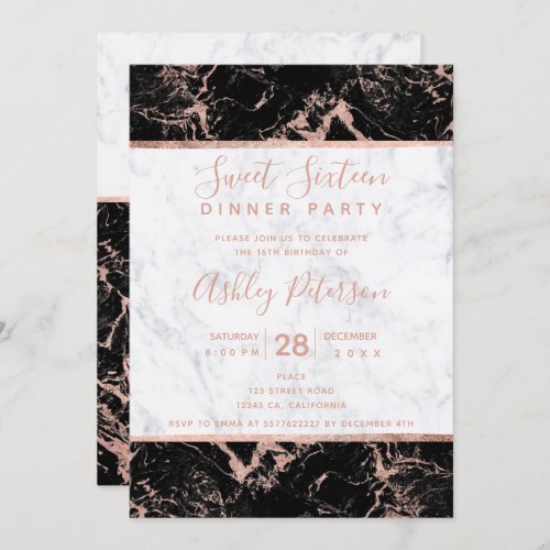 Black white rose gold marble typography Sweet 16 Invitation