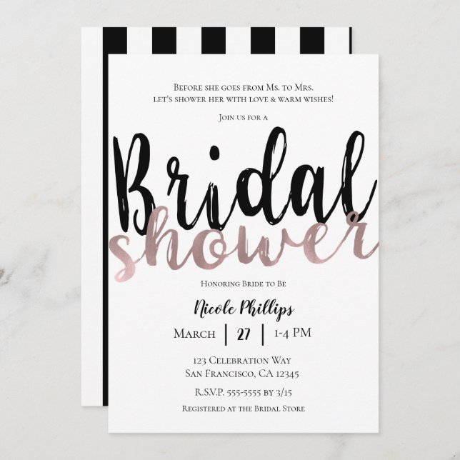 Black White Rose Gold Modern Glam Bridal Shower Invitation (Front/Back)