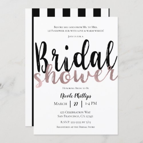 Black White Rose Gold Modern Glam Bridal Shower Invitation