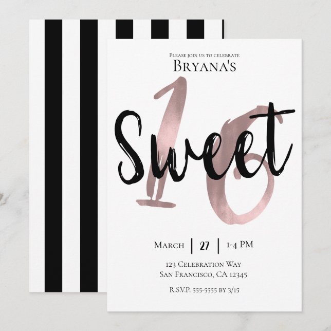 Black White Rose Gold Pink Sweet 16 Birthday Party Invitation (Front/Back)