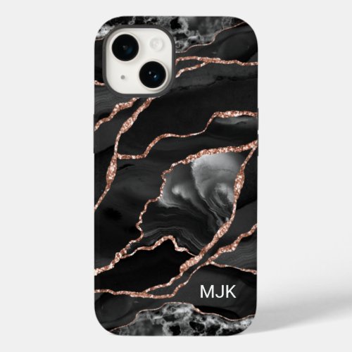 Black White Rose Gold Veins Agate Monogram Case_Mate iPhone 14 Case