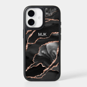 Black White Rose Gold Veins Agate Monogram iPhone 17 Case