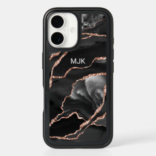 Black White Rose Gold Veins Agate Monogram iPhone 16 Case