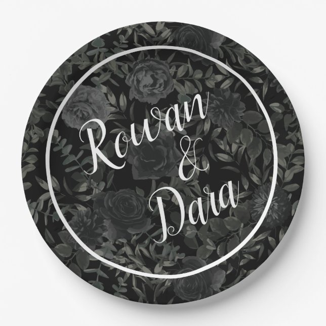 Black White Rose Gothic Wedding Paper Plates (Front)