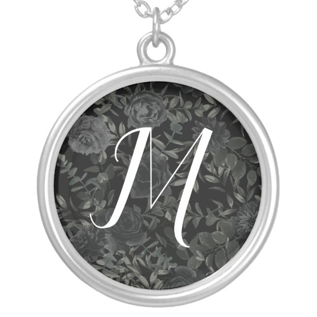 Black White Rose Gothic Wedding Silver Plated Necklace (Front)