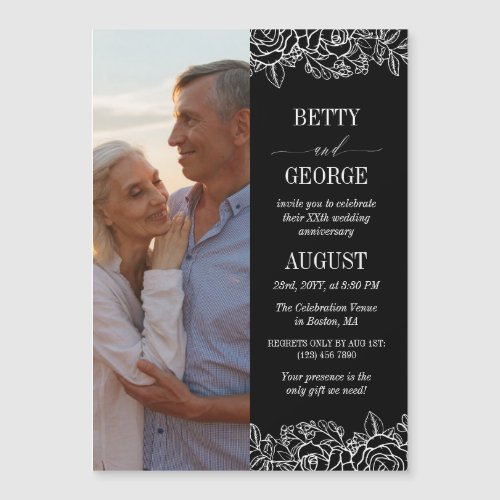 Black White Rose Lineart Photo Wedding Anniversary Magnetic Invitation