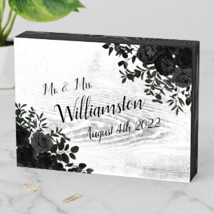 Black White Rose Wedding Elegant Gothic Wooden Box Sign