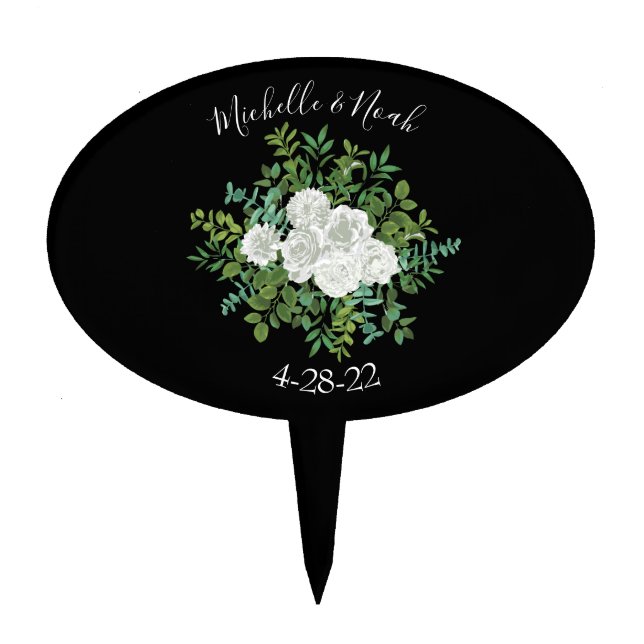 Black White Rose Wedding Elegant Modern Cake Topper (Front)