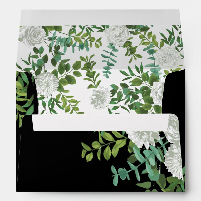 Black White Rose Wedding Elegant Modern Envelope (Back (Bottom))