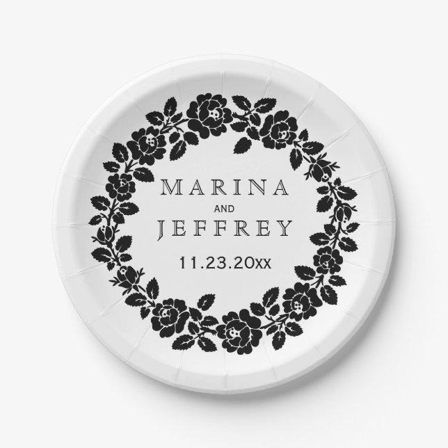 Black white rose wreath modern floral wedding paper plates (Front)