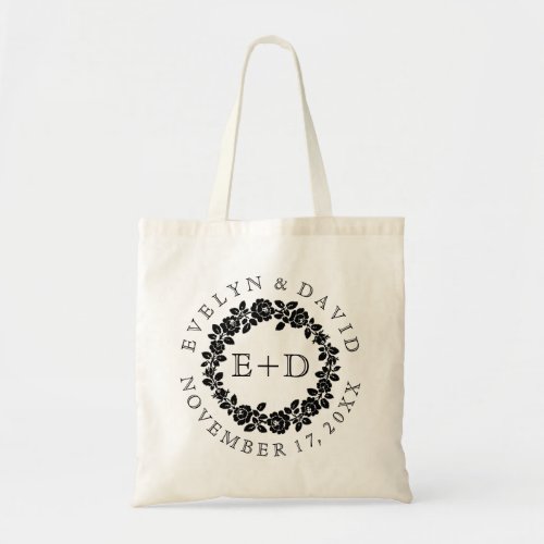 Black white rose wreath monogram wedding welcome tote bag