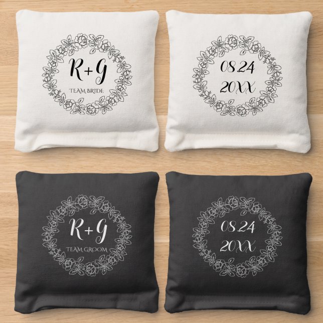 Black white rose wreath with initials wedding cornhole bags (Wood)
