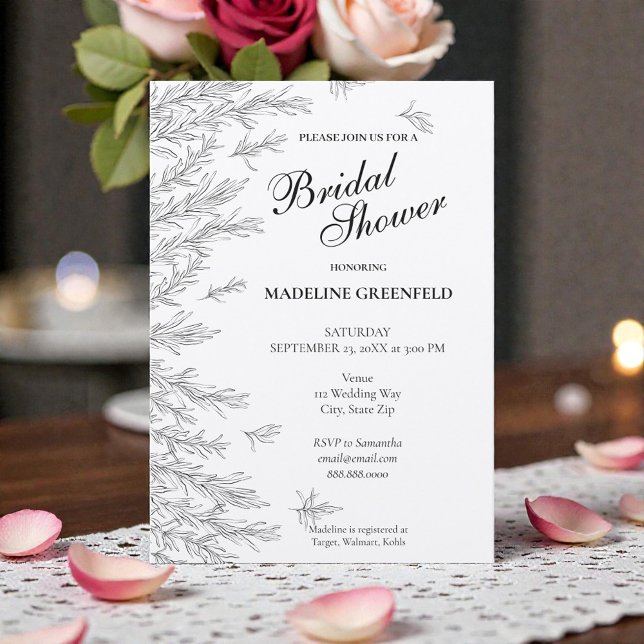 Black & White Rosemary Floral Bridal Shower Invitation (Creator Uploaded)