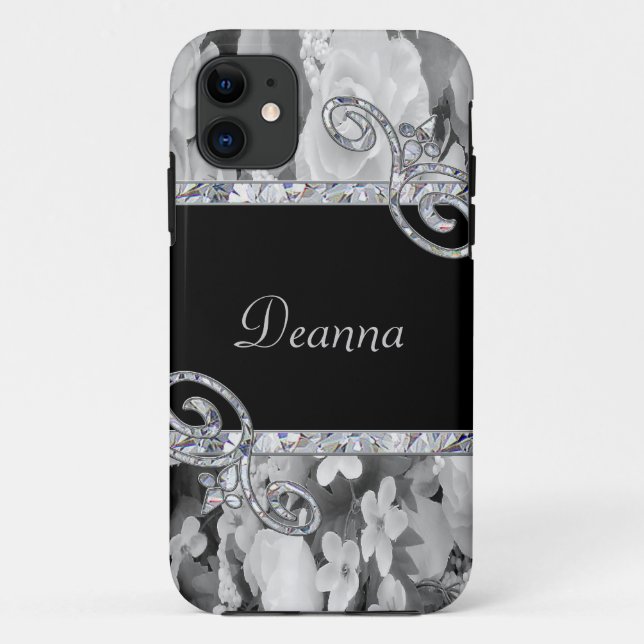 Black & White Roses & Diamond Swirls Monogram Case-Mate iPhone Case (Back)