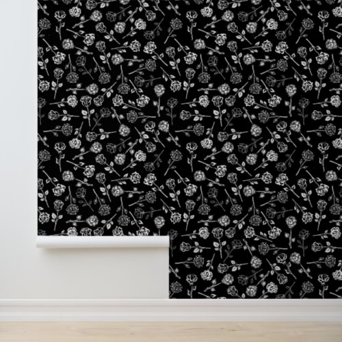 Black White Roses Flowers Pattern Stick n Peel Wallpaper