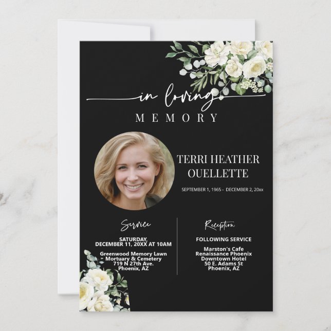 Black White Roses Funeral Memorial Service Photo Invitation (Front)
