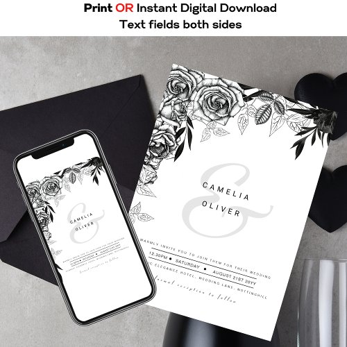 Black White Roses Goth Printed or Digital Wedding Invitation