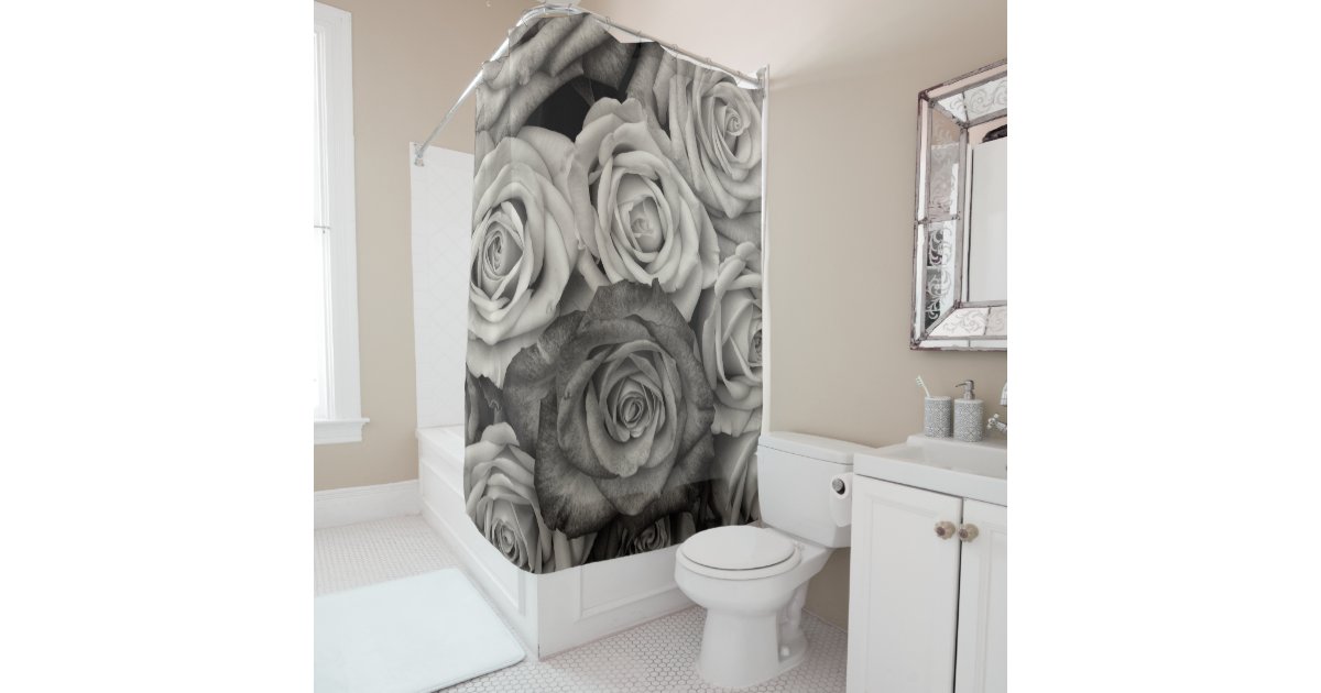 Black white roses shower curtain