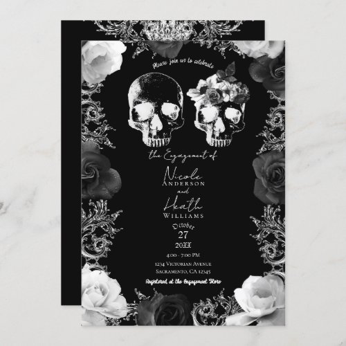 Black White Roses Skeleton Skull Engagement Party  Invitation